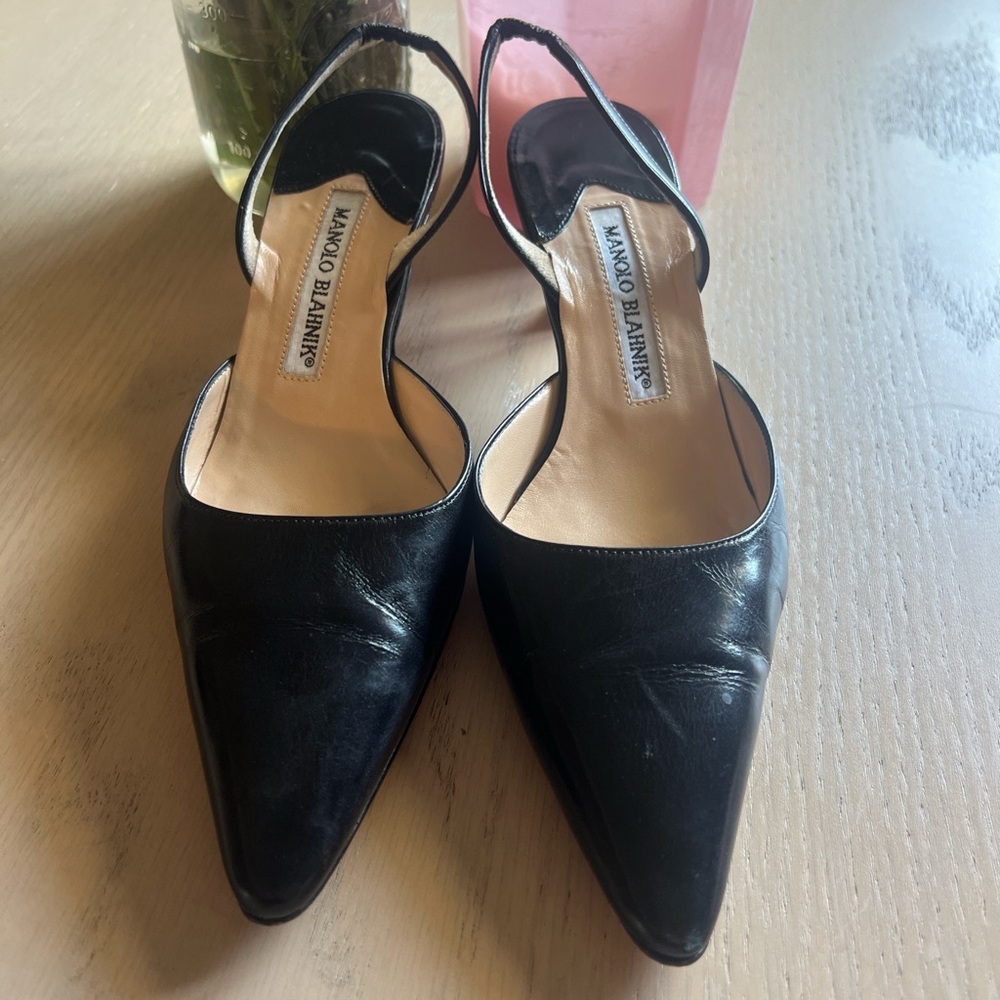 Manolo blahnik black kitten heel sling back